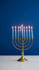 Fototapeta premium Illuminated Menorah Against Blue Background Representing Holiday of Lights with Golden Candlestick Holding Lit Blue Candles Symbolizing Cultural Significance and Religious Traditions