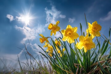 Obraz premium Cheerful Yellow Daffodils Blooming in Spring Sunshine Against a Blue Sky with Fluffy Clouds and Green Grass