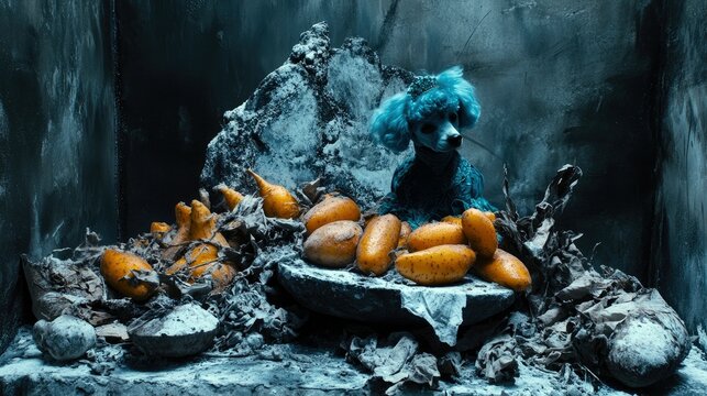 A blue poodle sits amidst potatoes and a surreal, dark environment, creating a mysterious and artistic scene.