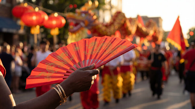 Close-up of a Black woman's hand holding a red fan with gold dragon details at a Chinese New Year parade with dragon and lanterns in the blurred background