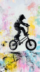 Fototapeta premium Silhouette of a BMX rider performing a stunt against a vibrant, abstract background with paint splatters and splashes.