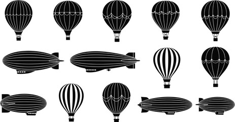 Hot air balloon and airship silhouettes, vintage zeppelin aircraft icons, aviation transport design elements for travel, exploration, adventure themed illustrations © Hasem Creative