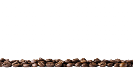 Coffee bean border isolated on transparency background, roasted brown coffee beans arranged in horizontal line, aromatic and fresh, perfect for cafe or kitchen design