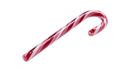 Red and white candy cane with curved hook shape, traditional Christmas sweet, isolated on transparent background, festive holiday treat, cheerful and decorative