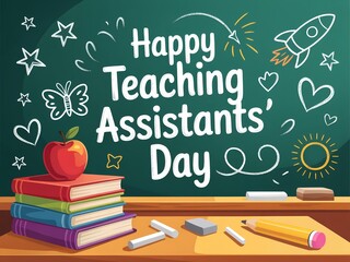 Happy teaching assistants day celebration with chalkboard art and school supplies