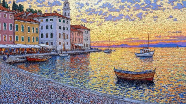A colorful painting of a coastal town harbor at sunset, with boats floating on the water and buildings along the shore. - Powered by Adobe