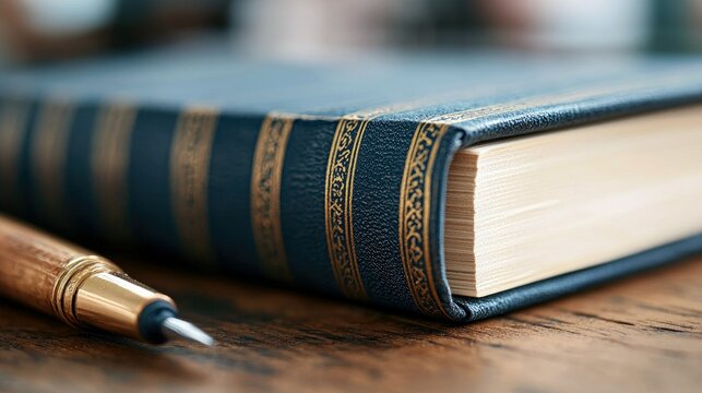 Close-up of a book with a pen resting on a wooden table. The book is bound in dark blue leather with gold accents. The pen is gold-colored.