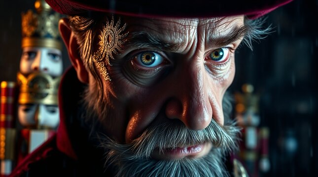A close-up portrait of Drosselmeyer against a backdrop of the Nutcracker figures he created. Illustration for Hoffmann's fairy tale "The Nutcracker and the Mouse King"