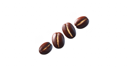 Four roasted coffee bean isolated on transparency background, close up detail showing glossy texture and rich brown color, perfect for cafe, beverage, or food concept