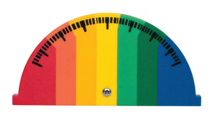 Colorful semicircular gauge with black markings featuring red orange yellow green and blue segments isolated on transparency background symbolizing measurement and diversity