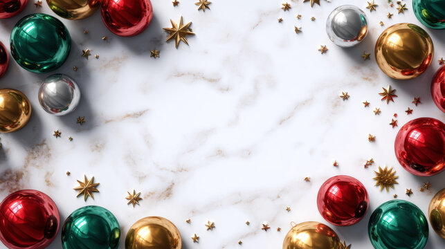 Shiny red green gold silver Christmas bauble border with small gold stars creating festive elegant holiday frame - Powered by Adobe