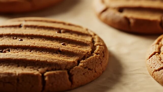 Close-up of freshly baked peanut butter cookies cooling on a baking sheet.