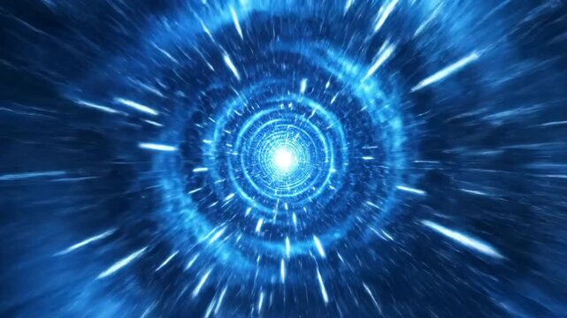 Traveling through a seamless infinite loop of a blue glowing energy tunnel with particles streaming forward energy field, data transfer, velocity