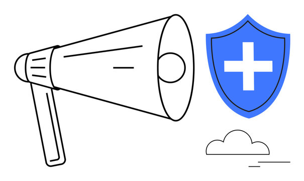 Megaphone with blue shield and plus sign conveys safety, advocacy, healthcare, communication. Ideal for healthcare, protection, public awareness, trust outreach promotion teamwork. Flat metaphor