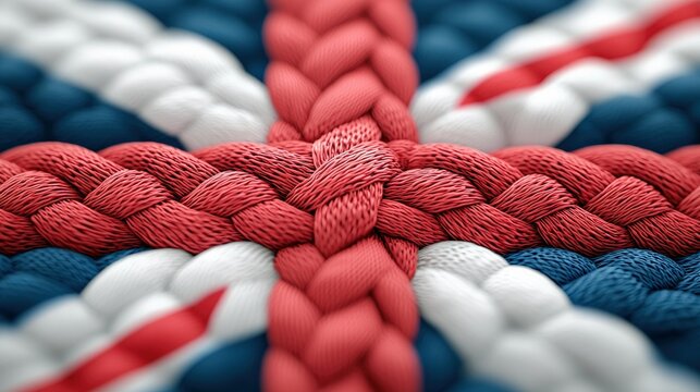 Close-up of a braided Union Jack flag, showcasing red, white, and blue textures. The macro shot highlights the detailed craftsmanship and the woven pattern of t