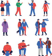 Modern flat illustration of diverse people walking talking interacting in casual winter clothing outdoor activities characters perfect for lifestyle design projects