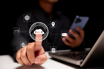 A hand interacting with a digital cloud icon labeled 