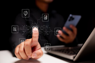 A person interacts with a digital interface showcasing various technology-related icons, illustrating the concept of advanced data management.