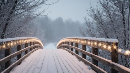 Naklejka premium Snowy Bridge with Lights - A Winter Wonderland Scene.