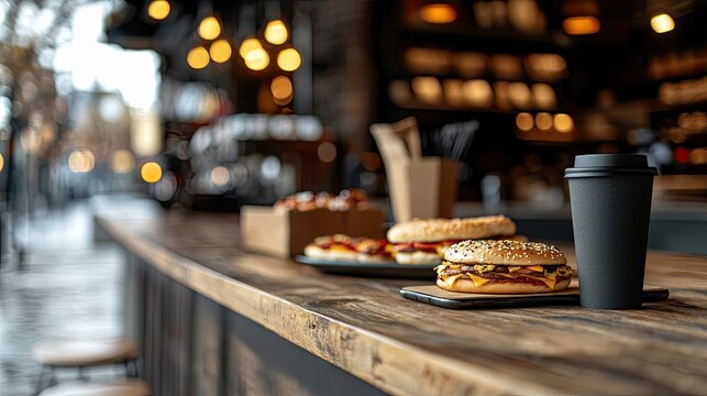 A close-up shot of a wooden counter in a cafe, with burgers, coffee, and blurred background lights.