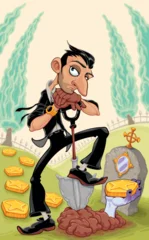 Fototapete Kinderzimmer An undertaker digs a hole with a surprise. Vector cartoon horror illustration.   © ddraw