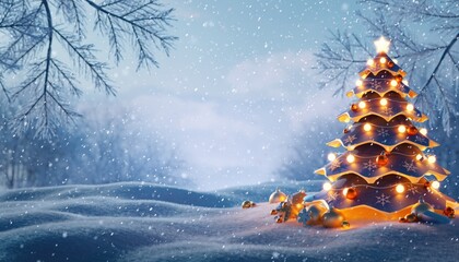 Winter wonderland event christmas tree decoration snowy landscape digital artwork tranquil environment nighttime viewpoint holiday spirit and festivity concept