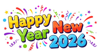 Fototapeta premium Colorful 'Happy New Year 2026' text with festive confetti, stars, and streamers on a white background, celebrating the upcoming year.