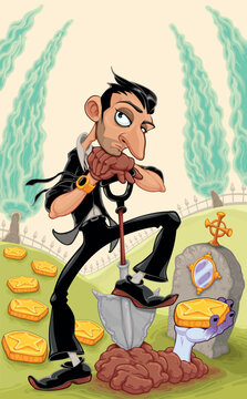 An undertaker digs a hole with a surprise. Vector cartoon horror illustration.
