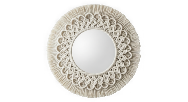 Oval macrame mirror with intricate lace border isolated on transparent background
