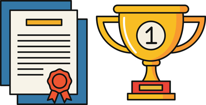Gold trophy with number one and certificate with red seal award first place