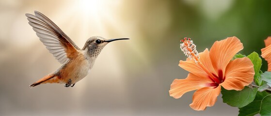 Fototapeta premium Hummingbird feeding on vibrant hibiscus flower in a sunny garden setting during springtime