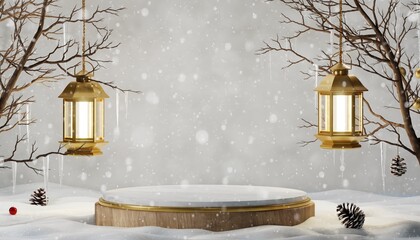 Enchanting winter lanterns illuminating a snowy landscape stage serene environment holiday atmosphere cozy viewpoint seasonal concept for captivating festive displays