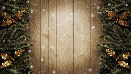 Festive holiday decoration cozy cabin digital illustration winter wonderland eye-level christmas spirit with snowflakes and pine boughs embracing a wooden background