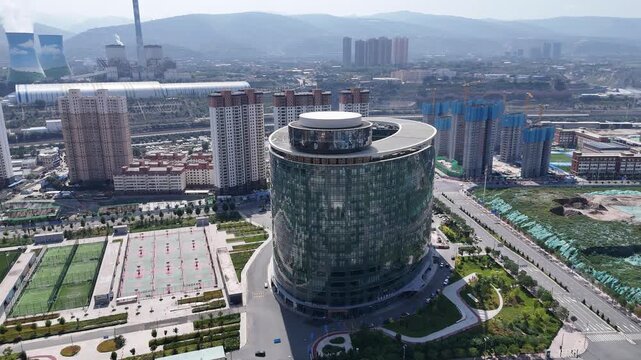 Lanzhou City Aerial View - Modern Architecture and Sports Complex, Gansu China