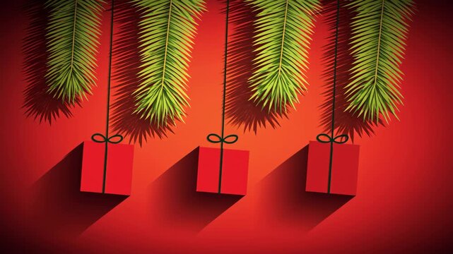 Animated Christmas Presents Hanging from Pine Branches on Red Background Loop, 4k UHD