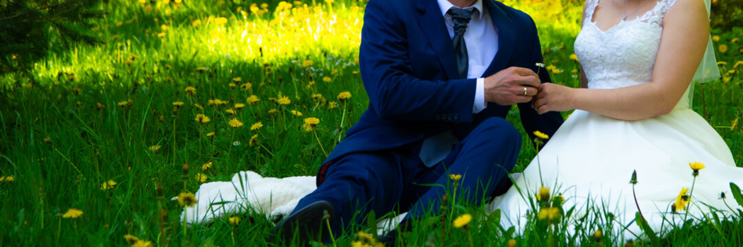 Bride And Groom Sitting In Meadow With Green Grass And Yellow Flowers During Romantic Moment - Powered by Adobe