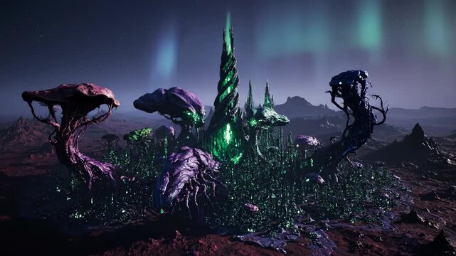 Alien landscape with bizarre vegetation and strange city structures