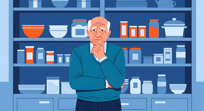 Senior man facing food insecurity in the kitchen pondering pantry problems and financial struggle alone at home worrying about retirement savings and future plans 180