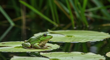 Obraz premium Frog Resting Gracefully on a Lily Pad in Calm Water