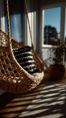 A Swing Gently Swaying with cosy knitted blanket, comfy pillows in the Breeze cold weather, winter from a Rustic Porch, countryside, farmhouse