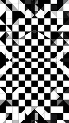 Black and white geometric shapes forming a symmetrical, abstract pattern with a checkerboard-like appearance