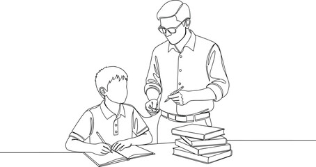 Teacher helping student with homework illustration, education tutoring scene, classroom learning support, teacher guidance, academic study concept line art