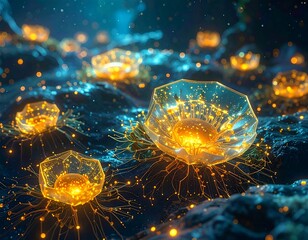 Bioluminescent, alien-like plants with bright yellow centers grow on a bumpy, dark-blue alien planet surface