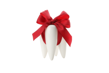 White teeth model with red ribbon for dental promo, isolated, PNG
