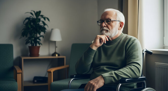 Senior Life Portrait Reflections on Aging Vulnerability Elderly Loneliness Concept Social Isolation Sadness Healthcare Challenges Retirement Home Dignity Caregiving - Powered by Adobe