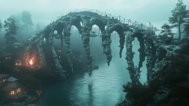 Cinematic Dark Fantasy Stone Bridge Over Misty River - Mystical Gothic Landscape for Video Game, Horror Movie and Halloween Background