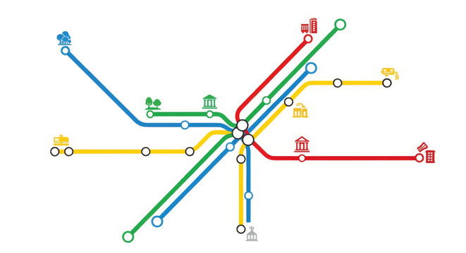 Colorful public transportation map schematic. Vector subway route network with station icons. Urban transit infographic design