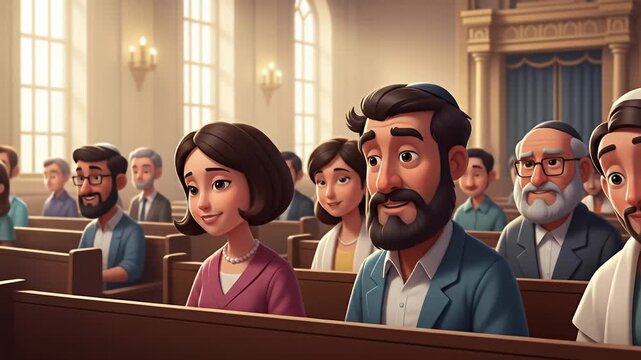 A diverse congregation of animated characters attending a religious service in a church.