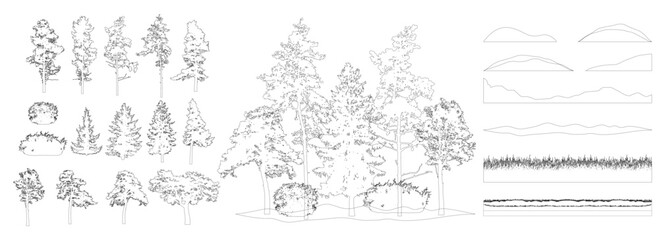 Naklejka premium Constructor kit. Contours of beautiful spruce trees, pine, other trees, grass, hill. Creation of beautiful park, forest, landscape, woodland, collection of element. Vector illustration.
