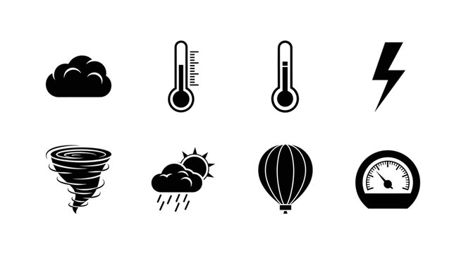 Weather icons collection featuring cloud, temperature, lightning, tornado, rain and sun, hot air balloon and a barometer in black and white